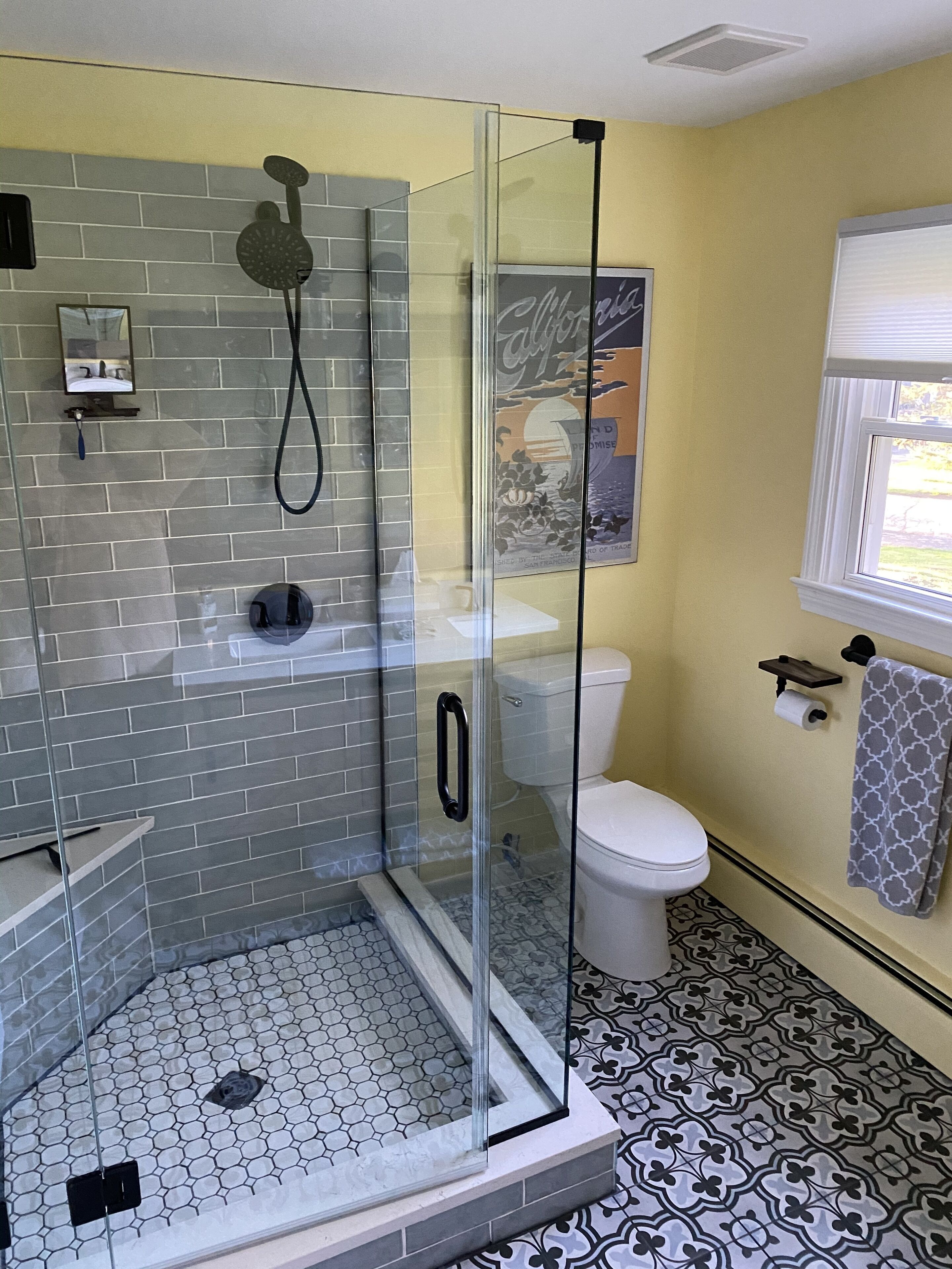 Une salle de bain avec une douche à parois de verre, des toilettes et un carrelage décoratif.
