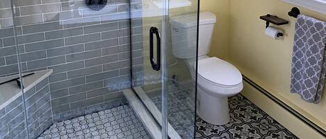 Une salle de bain avec une douche à parois de verre, des toilettes et un carrelage décoratif.