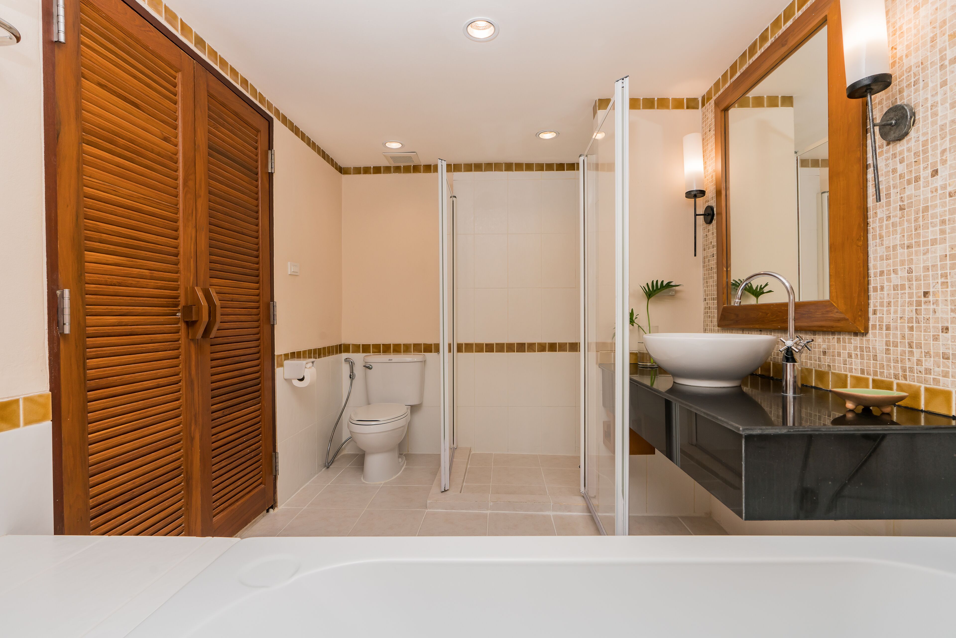 separate bathtub and shower, free toiletries, hair dryer, bathrobes