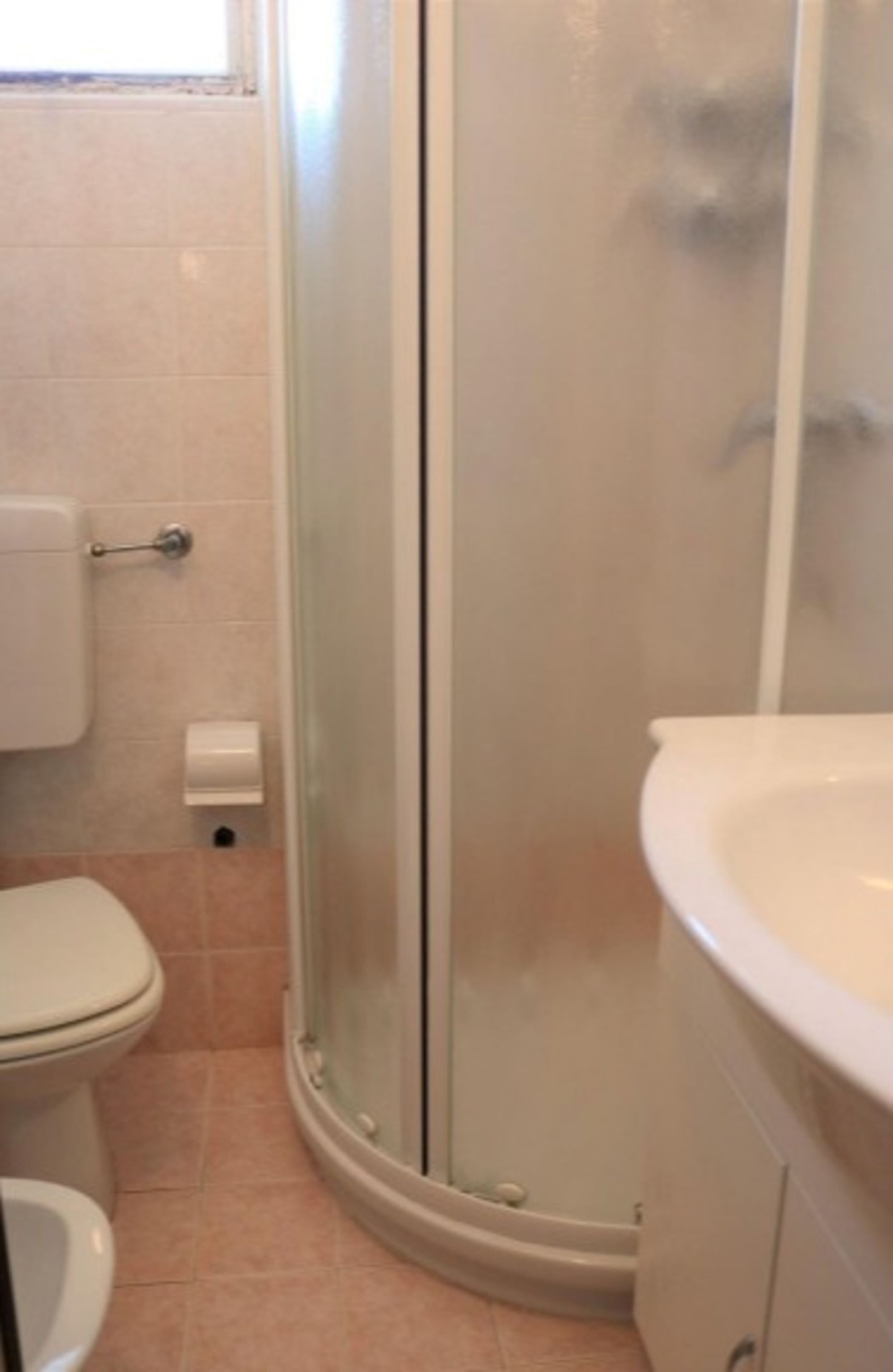 Et badeværelse med toilet, glasvæg omkring brusebad og vask.