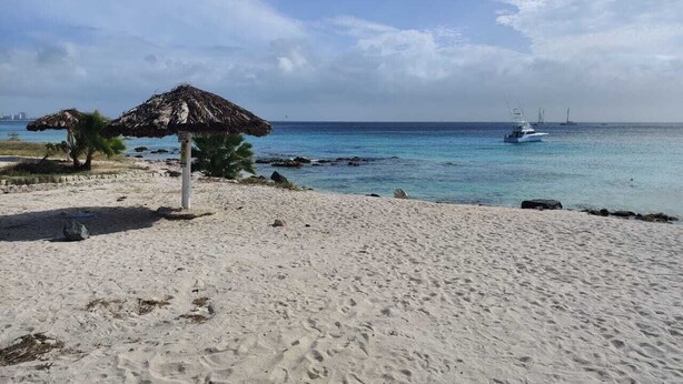 Ein Strand mit einem Reetdachschirm, ruhiger See und einem Boot in der Ferne.