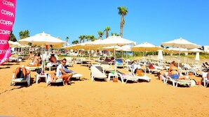 Una spiaggia con lettini e ombrelloni, palme e cielo sereno.