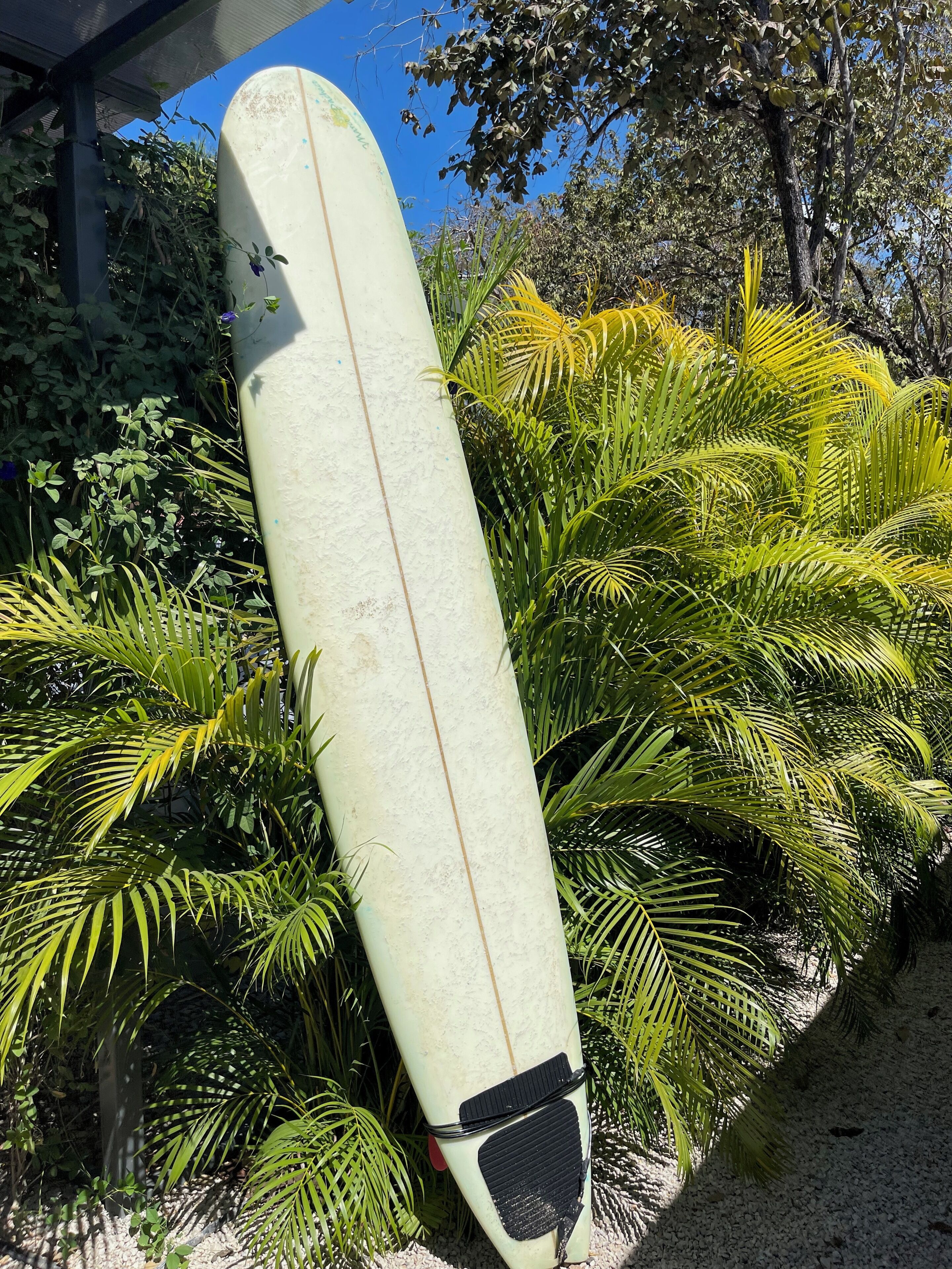 A surfboard leaning against a structure surrounded by dense green foliage.