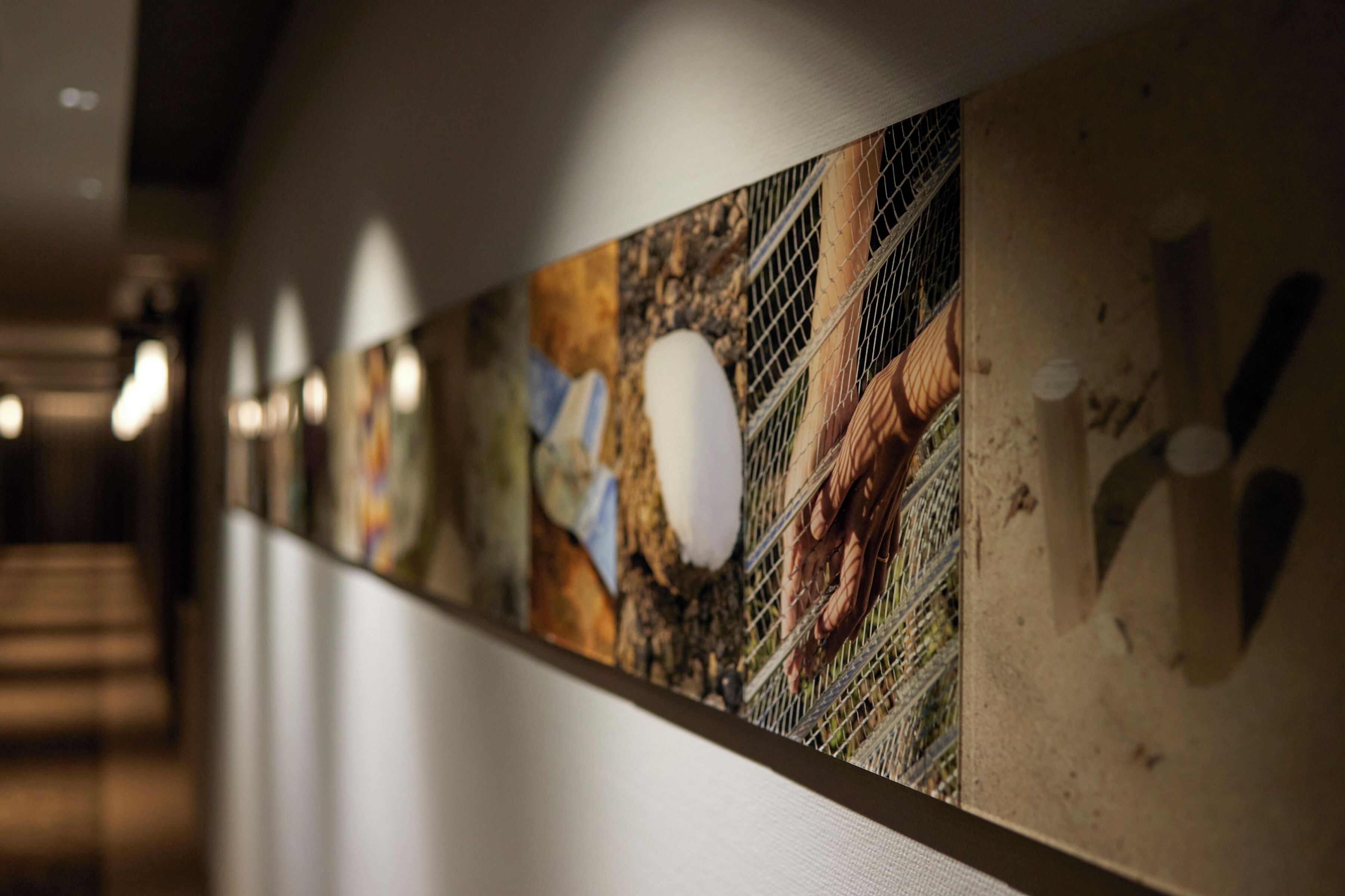 A corridor with a series of framed artworks on the wall.