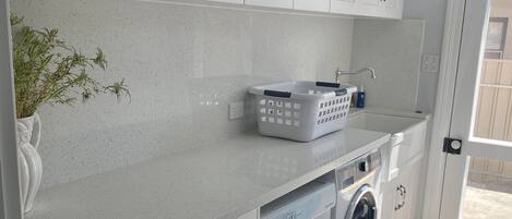 A laundry room with a front-loading washing machine, a drying rack, and a potted plant.