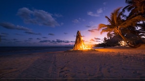 Une scène de plage avec un feu de camp et des palmiers, au crépuscule.