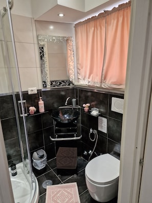 Douche, sèche-cheveux, serviettes fournies, savon