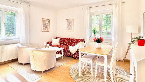 A bright room with a sofa, a dining table, and chairs. There are two windows with curtains, and a radiator is visible on the wall.