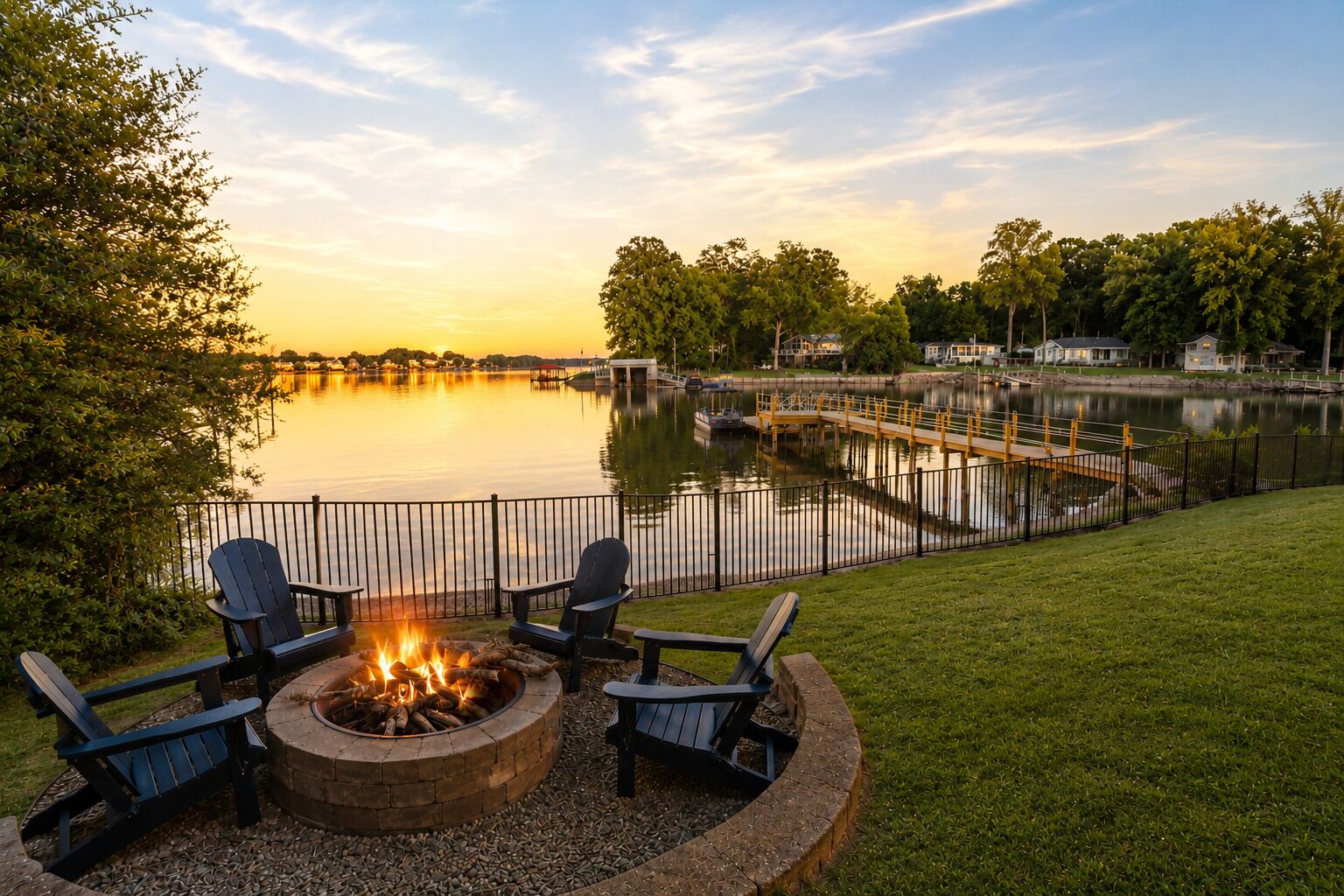 Une terrasse au bord du lac, avec un foyer et des fauteuils Adirondack, le tout entouré d’une clôture et d’un quai.