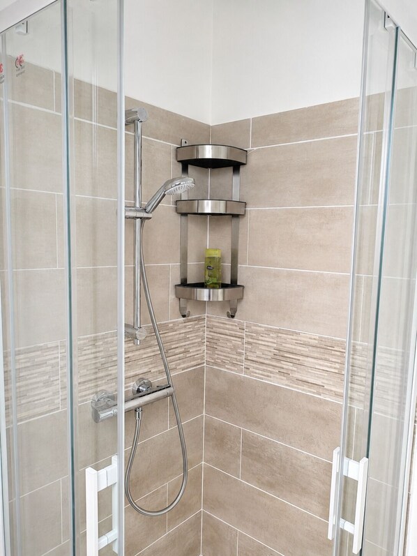 A glass-enclosed shower with a handheld showerhead and a wall-mounted faucet. - Tosca - Apartment - Free parking (Orléans)