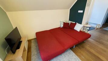 A room with a bed, a TV, a small table, and a radiator.