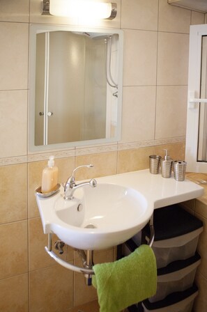 Apartment, Multiple Beds | Bathroom | Shower, hair dryer, towels - A1 - apt w. Terrace, Just 3 min Walk to the Beach (Okrug)