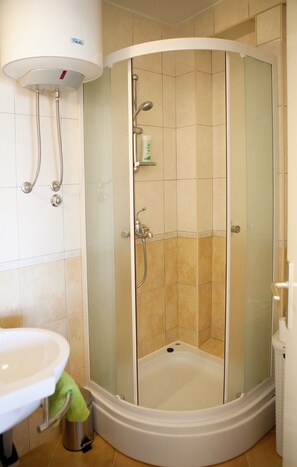 A corner shower with glass doors, a white sink, and a towel rack.