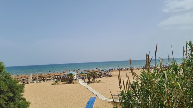 A beach with a sandy path, umbrellas, and beachgoers.