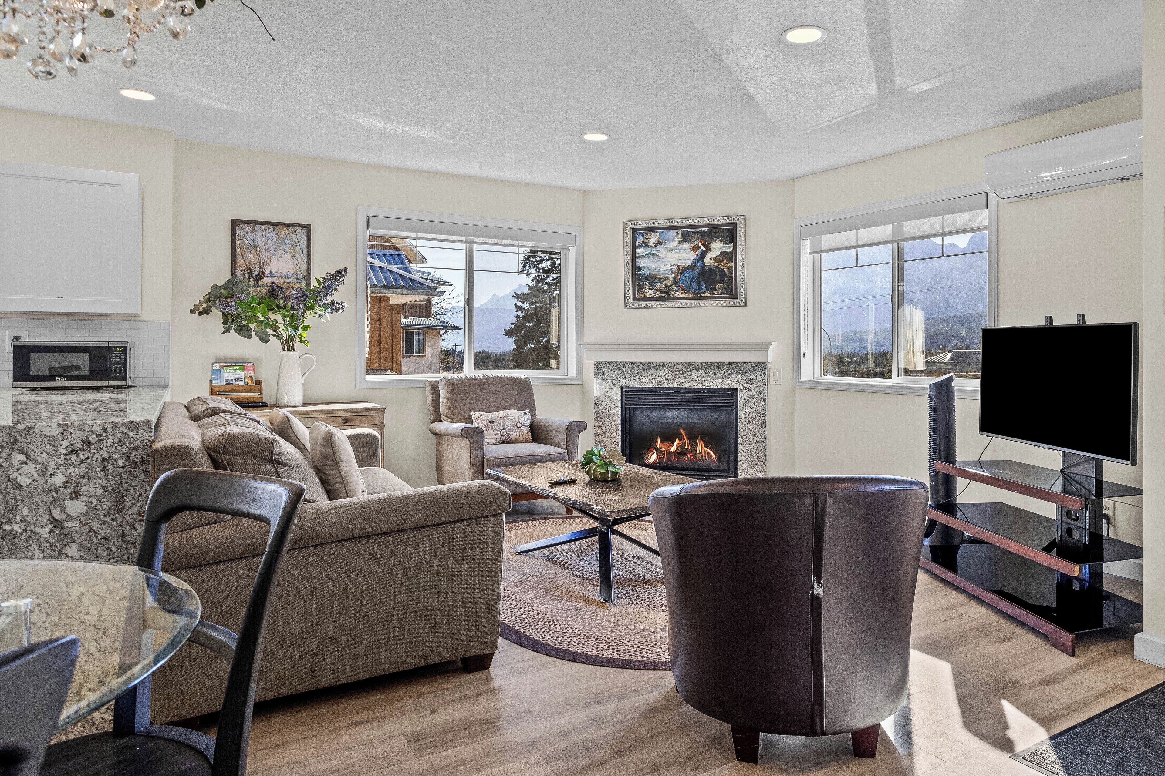 Smart TV, chimenea y libros 