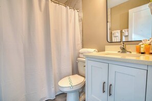 Shower, towels, soap, shampoo