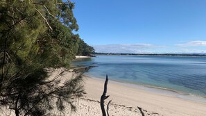 Ein Strand mit klarem Wasser, sandigem Ufer und dichter Baumvegetation.