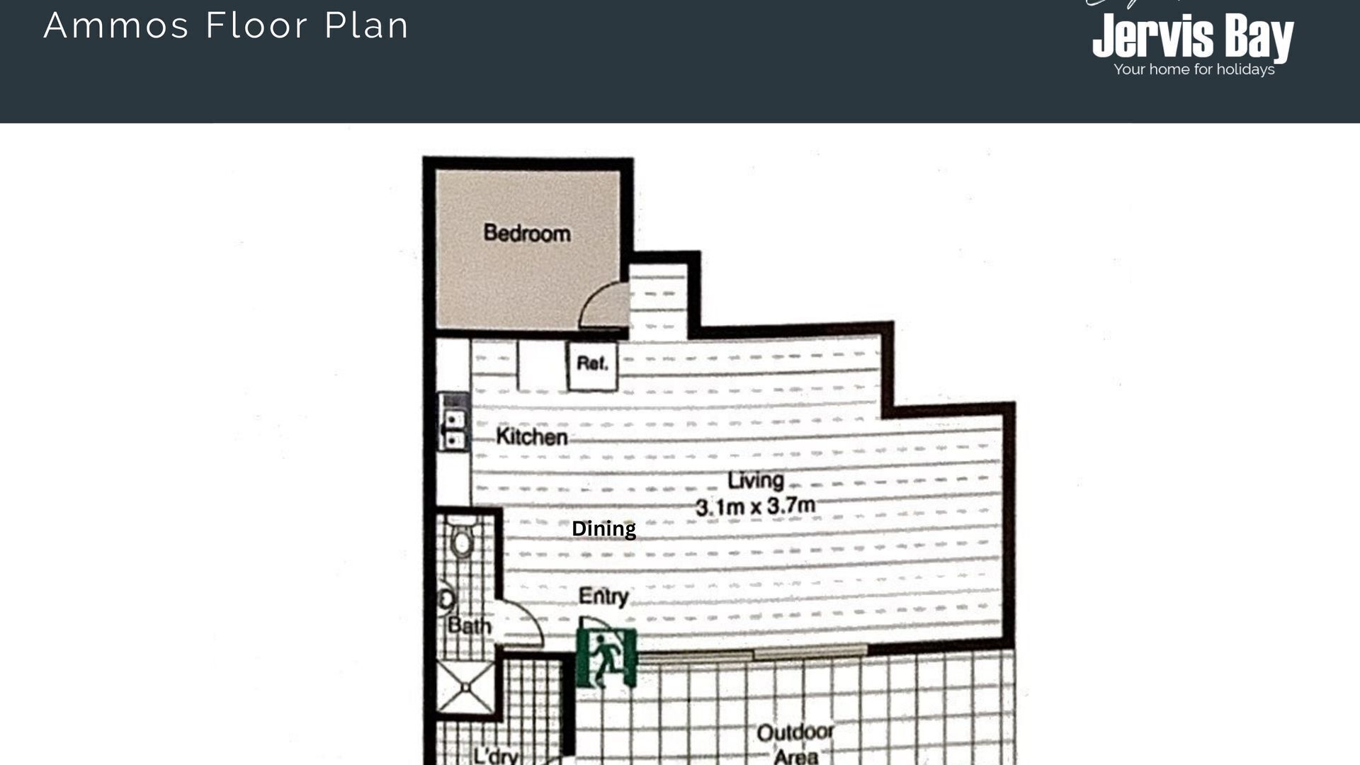 Plan d’étage d’un appartement situé à Jervis Bay, comprenant une chambre, une cuisine, un coin repas, un salon, une entrée, une salle de bain et un espace extérieur.
