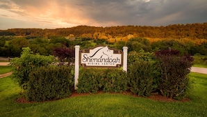 A sign for Shenandoah Riding Center surrounded by lush greenery and a forested hill in the background. - Vista View | 3 Kings + 1 Queen | Hot Tub · Fire Pit · Fireplace (Galena)