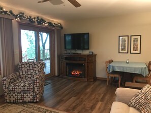 Smart TV, fireplace, DVD player, books