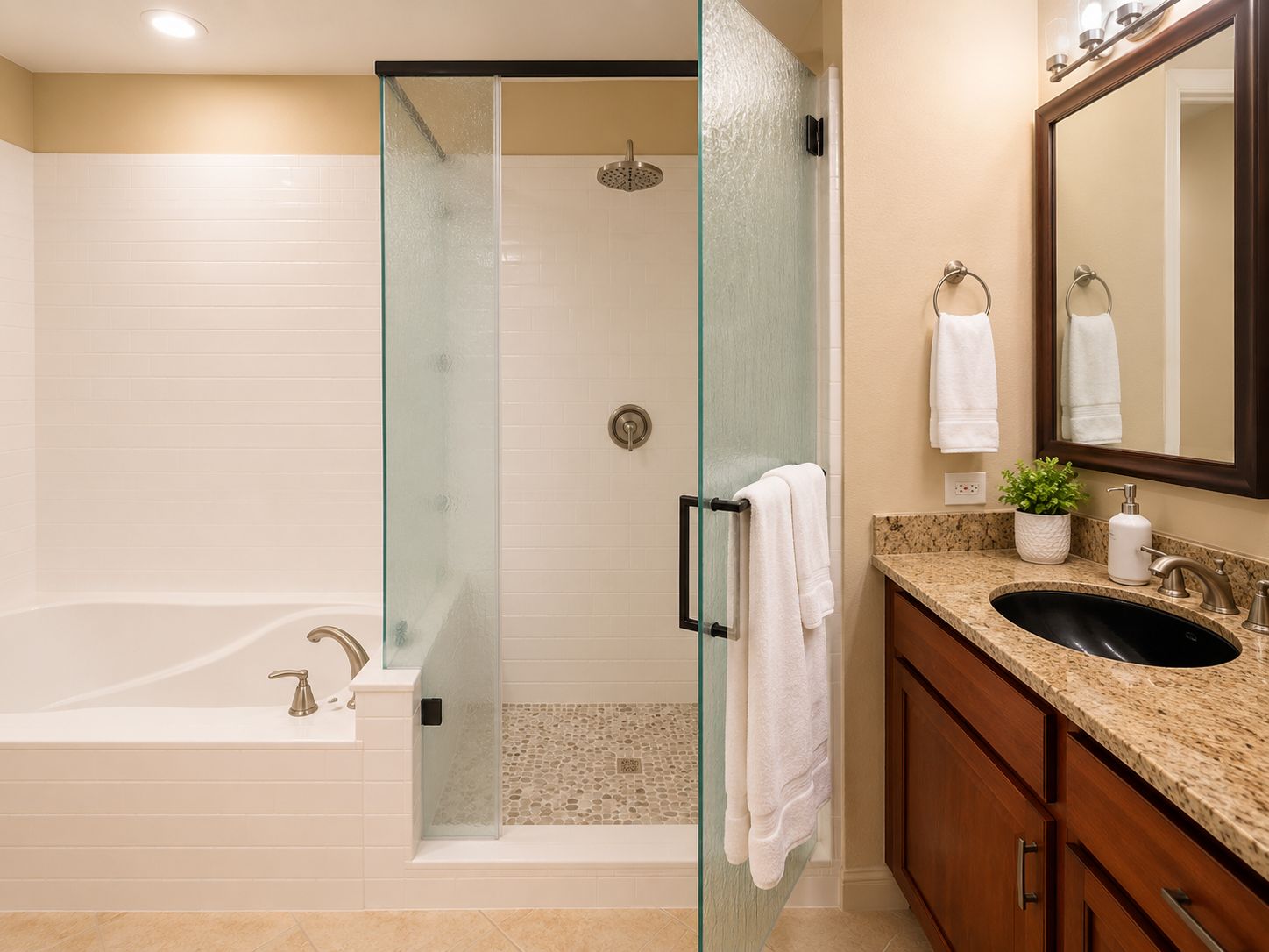 Une salle de bain moderne avec une douche à parois de verre, une baignoire sur pieds, un meuble-lavabo et un miroir.