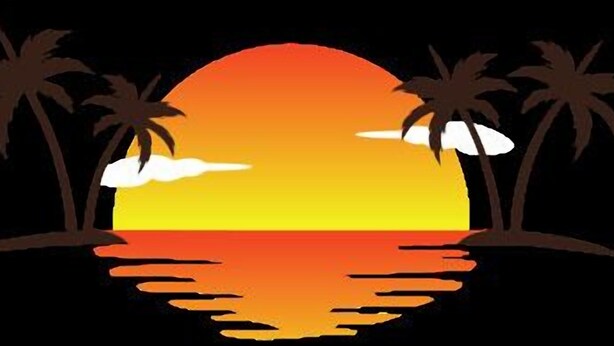 A sunset over water with palm trees. - Pink Beach Holiday Apartments (Shanklin)