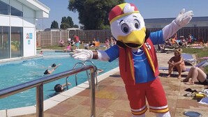 Une mascotte se trouve près d’une piscine, avec un bâtiment en arrière-plan.