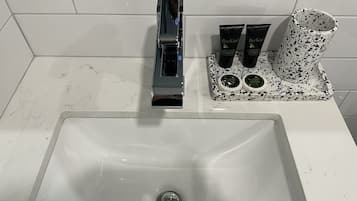 Shower, rainfall showerhead, designer toiletries, hair dryer