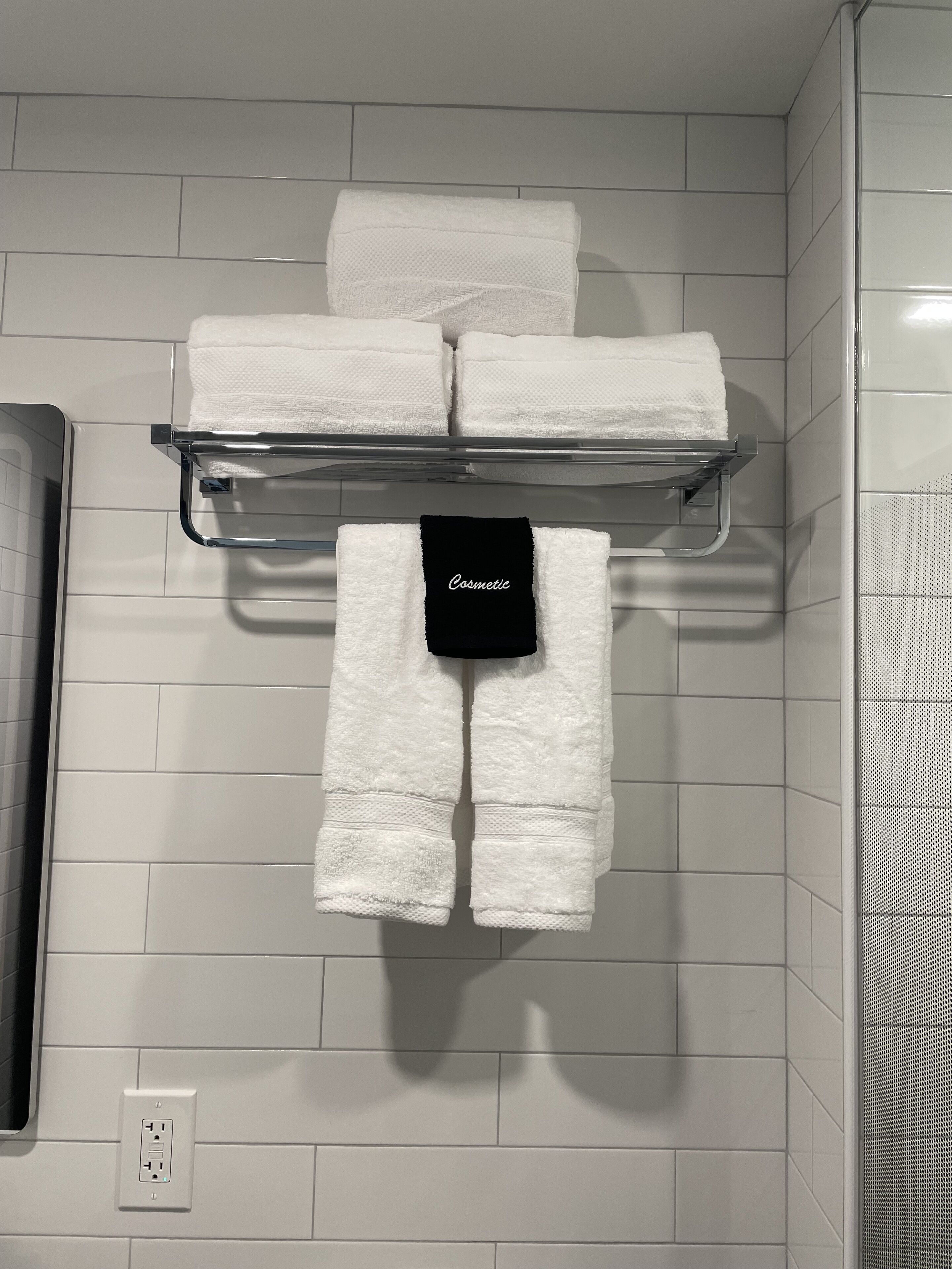 shower, rainfall showerhead, designer toiletries, hair dryer