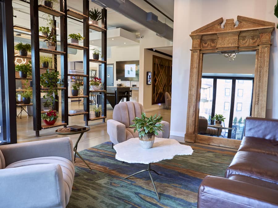 A modern living room with a large mirror, leather sofas, a coffee table with a plant, and a bookshelf filled with books and plants.