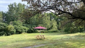 Une table de pique-nique avec un parasol rouge, située dans un espace verdoyant entouré d’arbres.