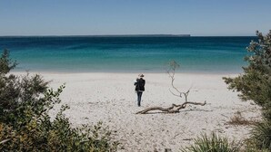 A person walking on a sandy beach with a clear view of the ocean and a ship in the distance.