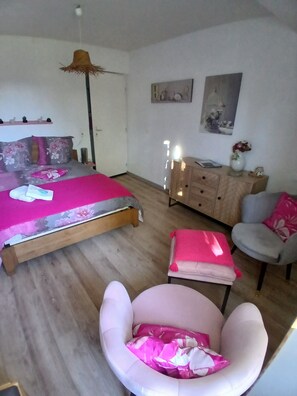 1 chambre, bureau, fer et planche à repasser, lit parapluie