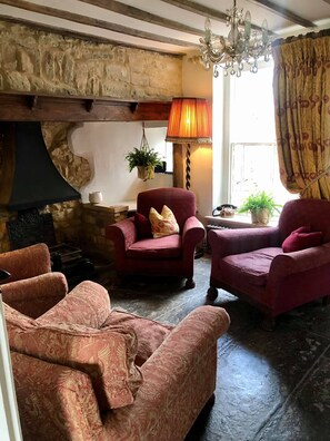Smart TV, fireplace, books, music library