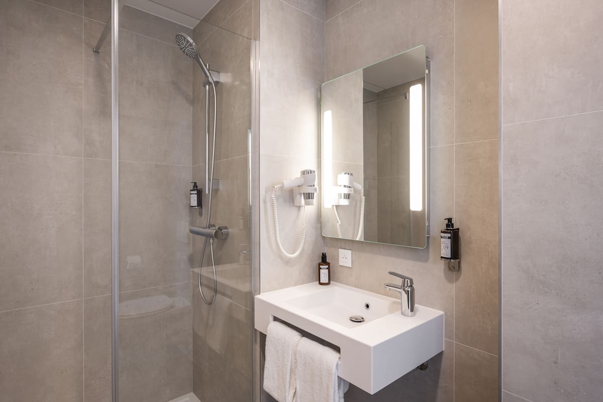 shower, hydromassage showerhead, hair dryer, towels