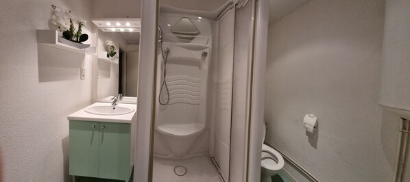 Une salle de bain avec une douche, un lavabo et des toilettes.