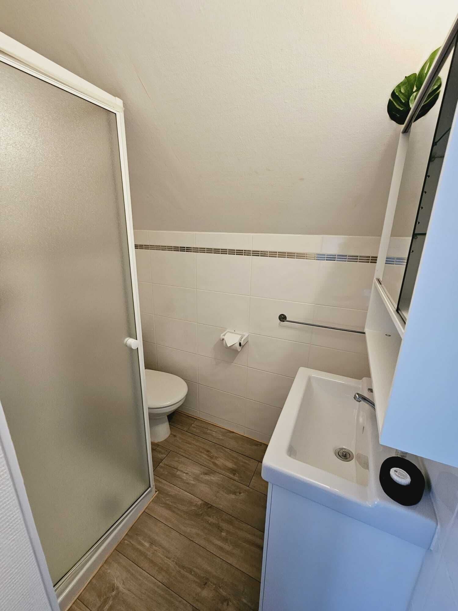 A small, compact bathroom with a toilet, a sink, and a shower area.