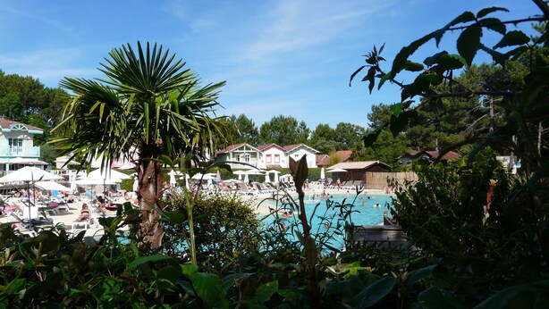 A pool area with lounge chairs and umbrellas, surrounded by greenery and houses in the background. - In the middle of the pines, attractive apartment for 2 - 4 people (Lacanau)