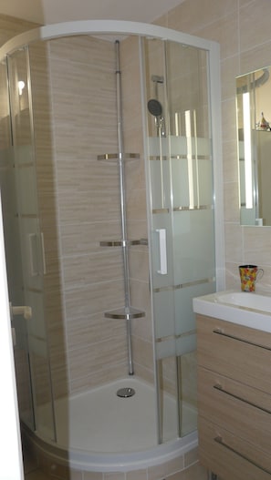 Shower, hair dryer, towels, toilet paper