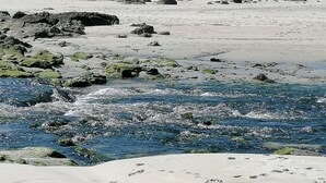 Een strand met rotsformaties en helder water.