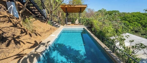 Une piscine rectangulaire avec une terrasse en bois et des chaises longues, entourée d’arbres et sous un ciel dégagé.