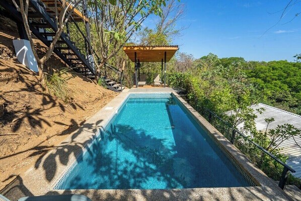 A rectangular swimming pool with a wooden deck and lounge chairs, surrounded by trees and a clear sky.