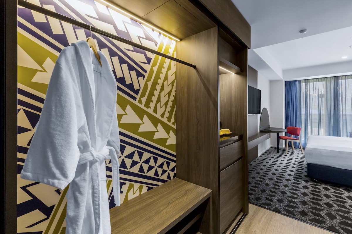 In-room safe, desk, laptop workspace, blackout curtains