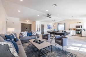 Smart TV, fireplace, table football