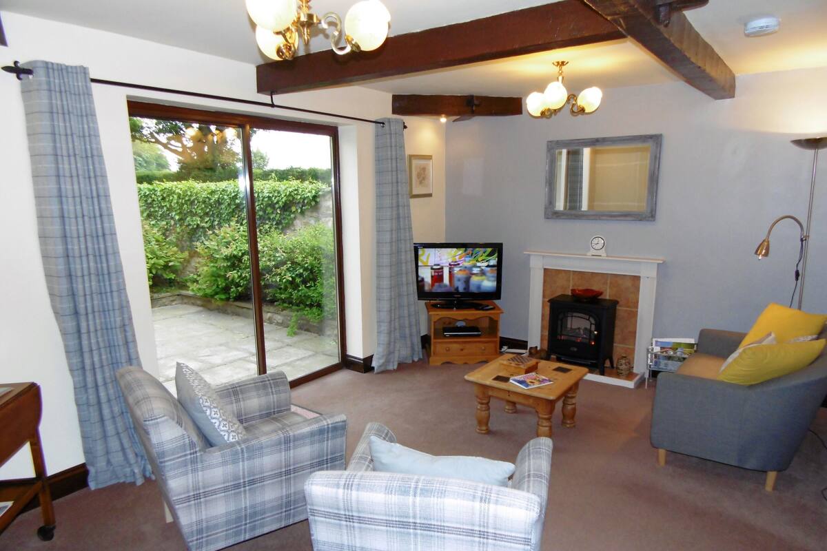 A living room with a fireplace, a television, and two plaid sofas.