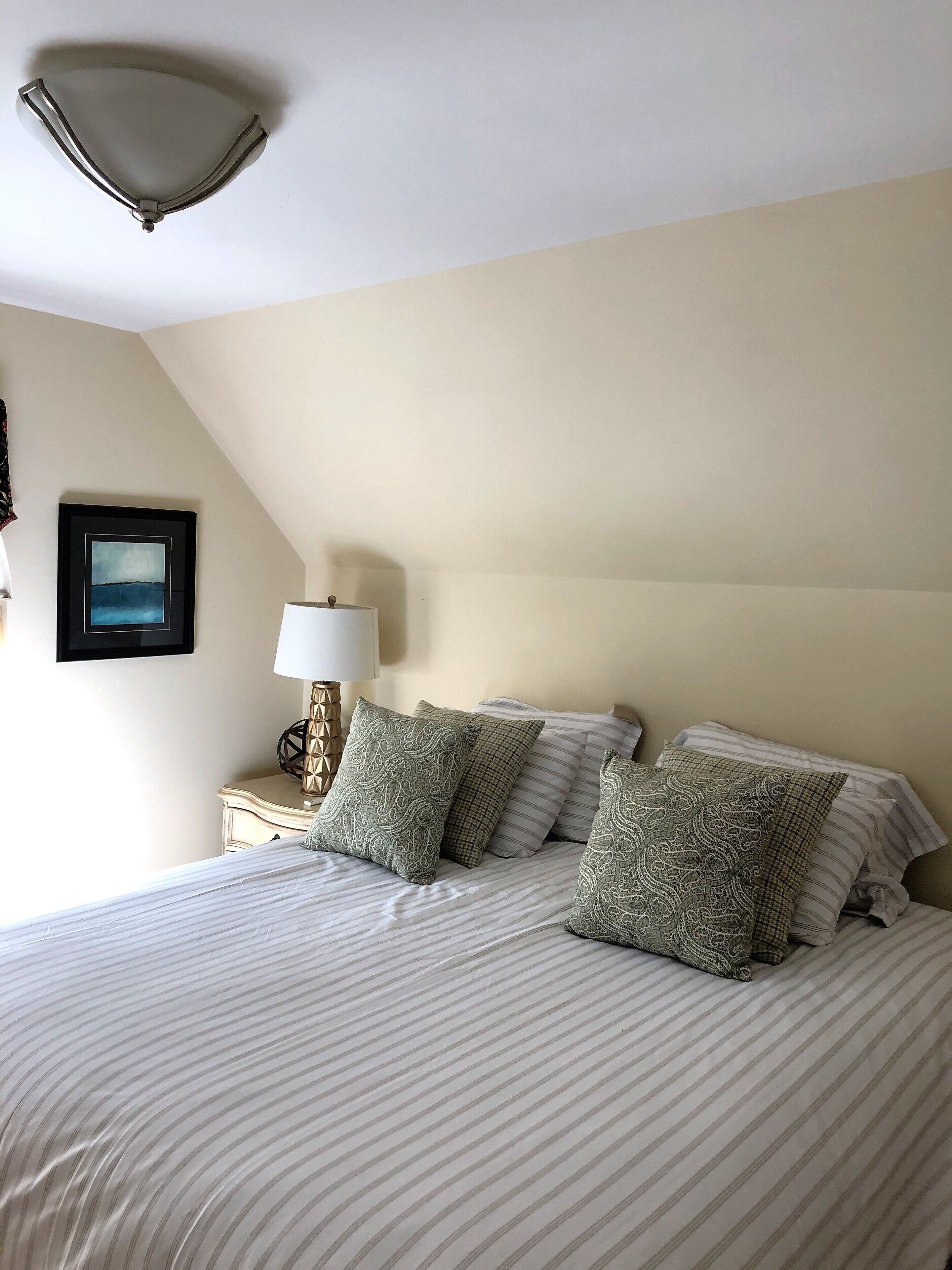 Une chambre d’hôtel avec un grand lit, une table de chevet avec une lampe, un tableau encadré au mur et un luminaire au plafond.