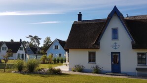 Una hilera de casas tradicionales con techos de paja y paredes blancas, con un pequeño jardín delantero.