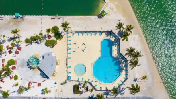 Vista aérea de un complejo turístico en la playa, con una gran piscina, tumbonas y palmeras.