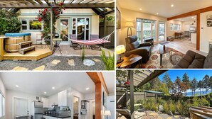 Una vivienda moderna con patio, cocina y sala de estar.