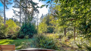 Une fontaine circulaire, entourée d’une végétation luxuriante et d’arbres.